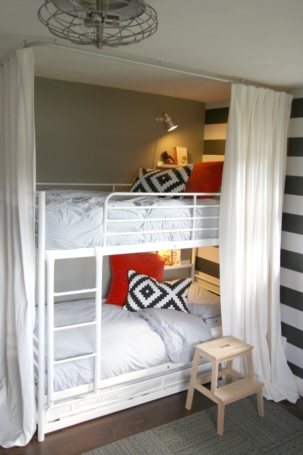 small room, small space living, small space, bunk beds, pillows, curtains